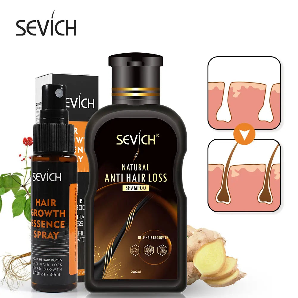 Sevich 2pcs/set Anti-Hair Loss Set 200ml Ginger Hair Loss Treatment Shampoo Natural 30ml Herbal Fast Hair Growth Spray Hair Care