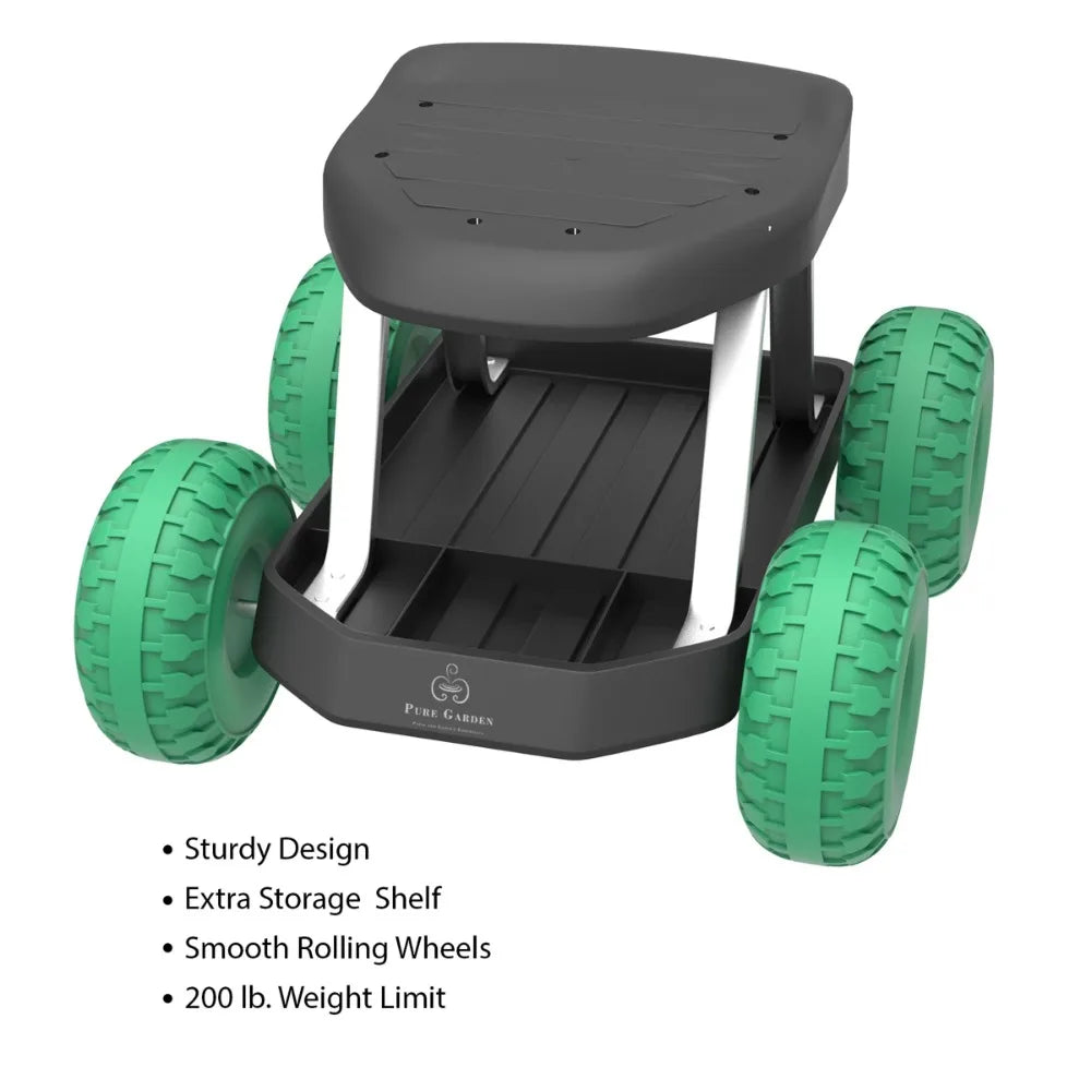 Garden Cart Rolling Scooter with Seat and Tool Tray