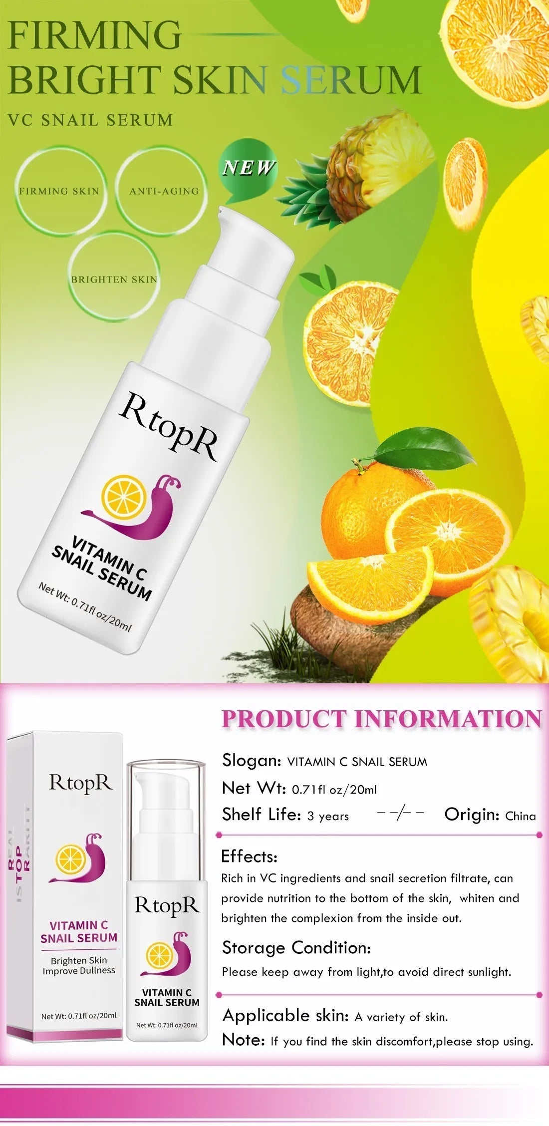 VitaminC Snail Serum Rejuvenation Anti Wrinkle Firming Bright Skin Serum