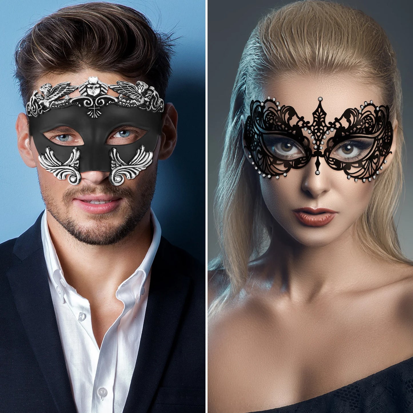 Masquerade Mask for Couple Inset Rhinestones Venetian