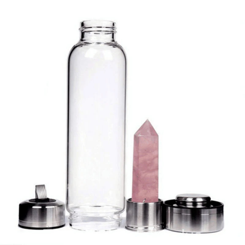 Natural Pink Rose Quartz Gemstone Elixir Glass Water Bottle