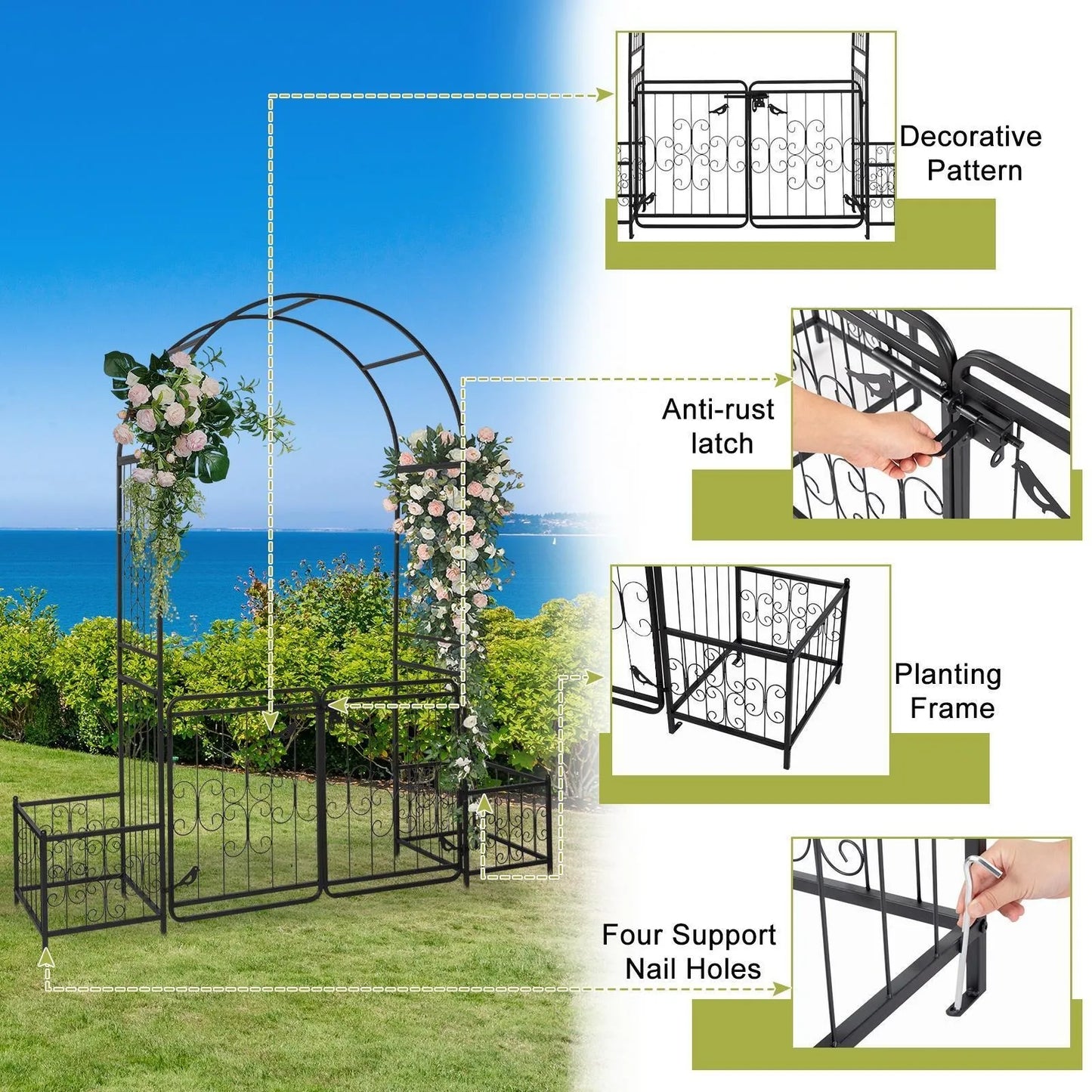 US Metal Garden Arch with Planter Boxes and Gate