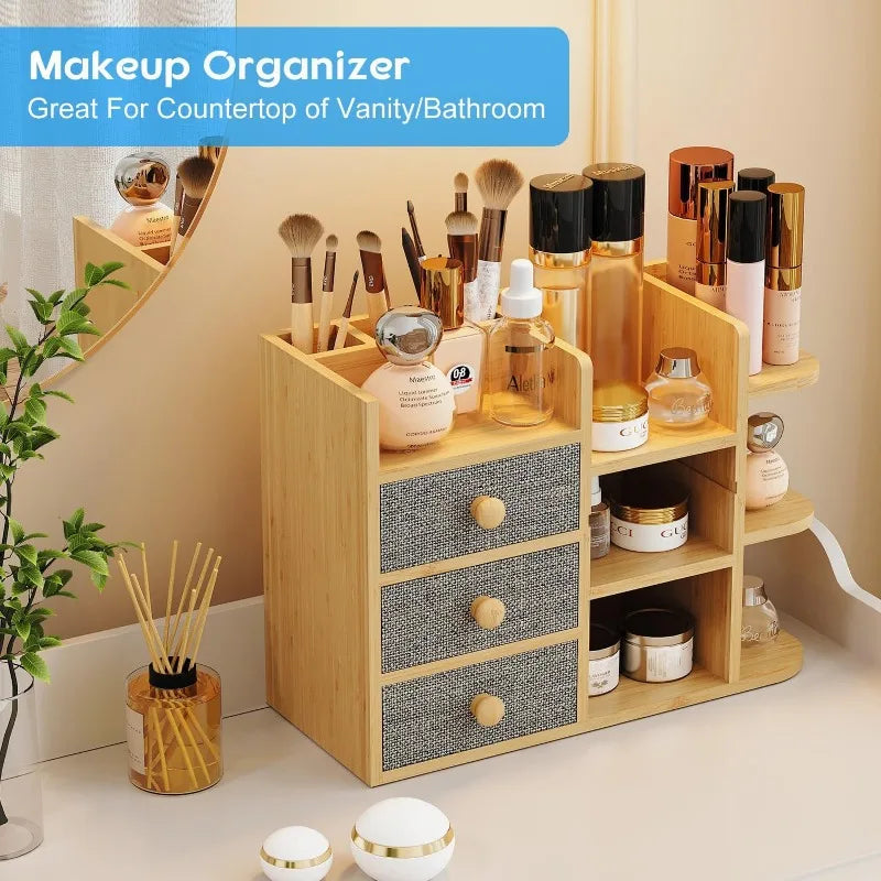 Natural Quality Bamboo Makeup Organizer for the Countertop