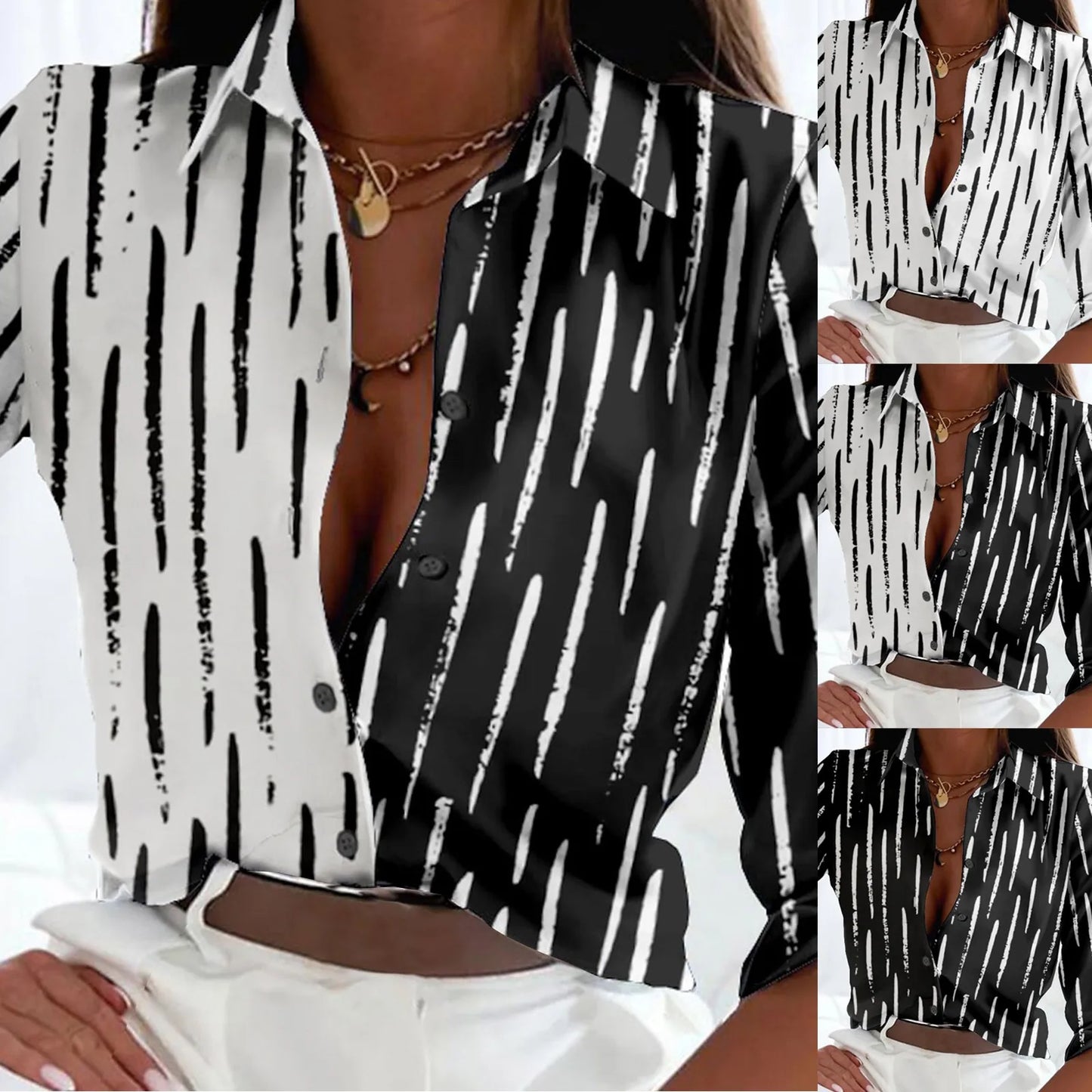 Women Striped Ol Blouse Shirts Summer Turn Down Collar