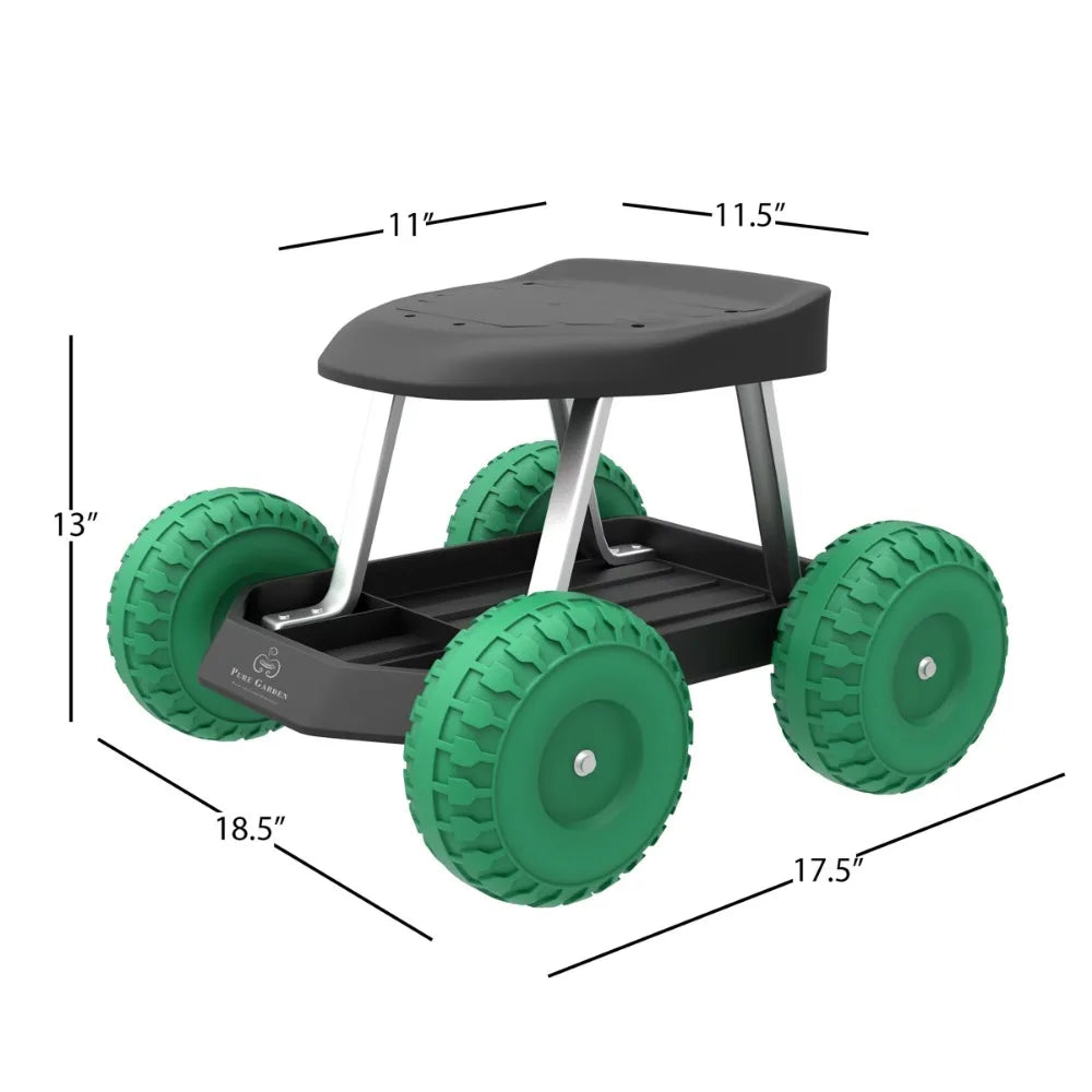 Garden Cart Rolling Scooter with Seat and Tool Tray